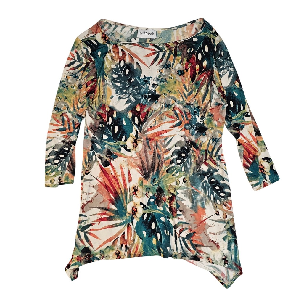 Peck & Peck Womens Tropical Leaf Print Mesh TunicTop Handkerchief Hem Multicolor